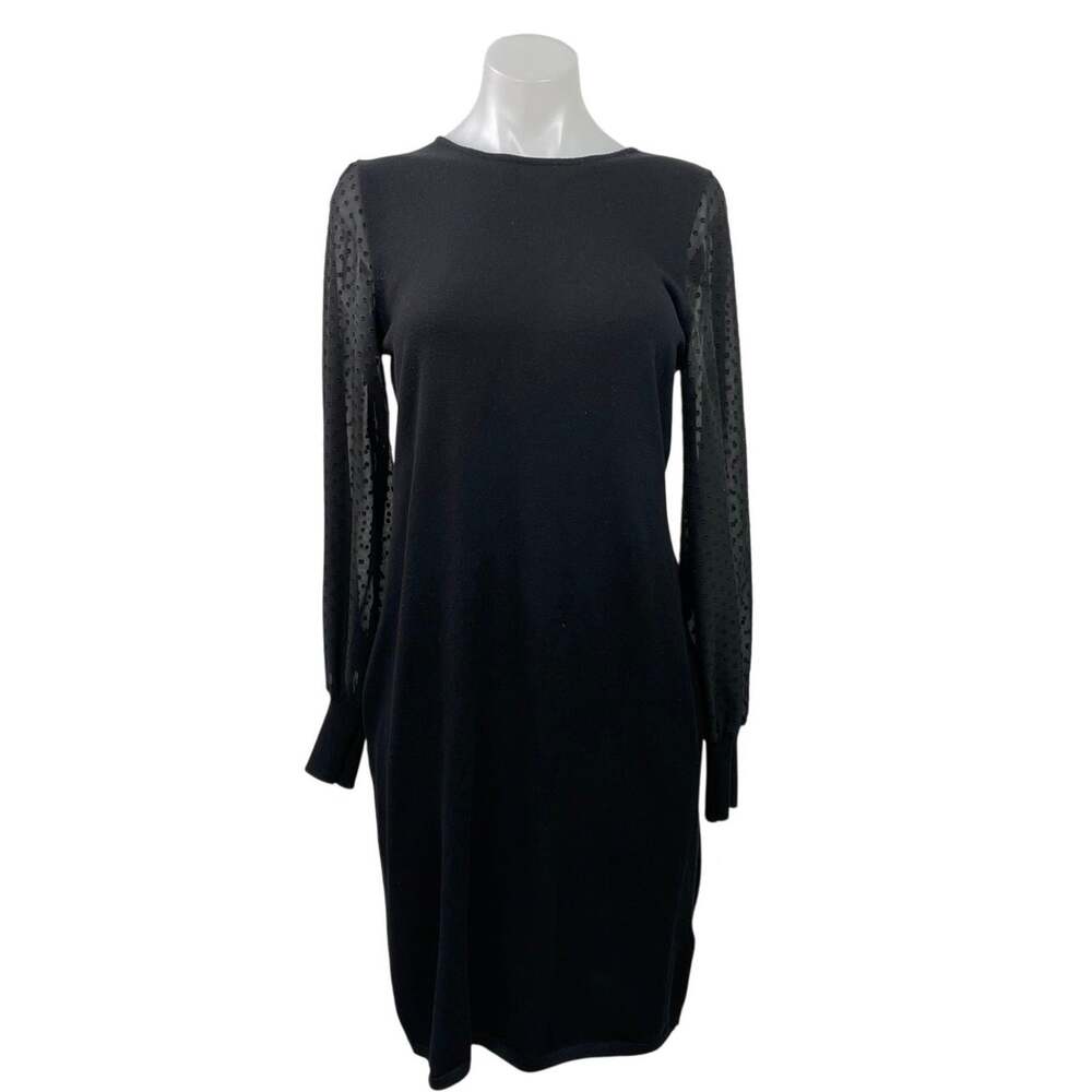 DKNY Black Polka Dot Mesh Crew Neck Long Balloon Sleeve Mini Sheath Dress Size M